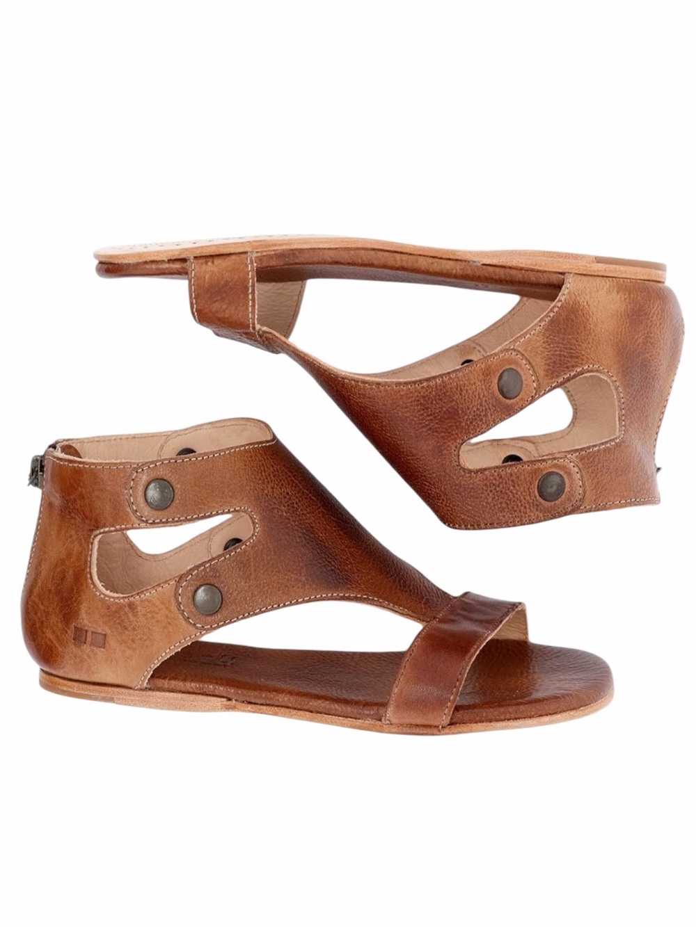 Bed Stu Soto Leather Sandals Rustic Tan Ankle Cutouts Studs Zip Hand Stitch Sz 7